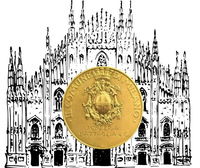 Ambrogino d'oro - la medaglia d'oro davanti al Duomo di Milano che è solo disegnato in bianco e nero