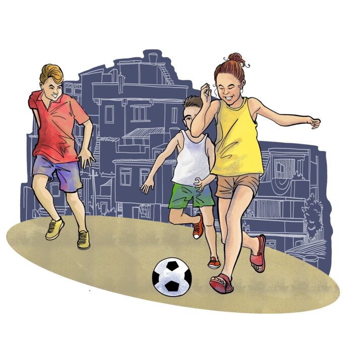 disabilità e inclusione - play for umanity - nella foto il disegno di tre bambini disabili che giocano a calcio. sullo sfondo il colosseo.