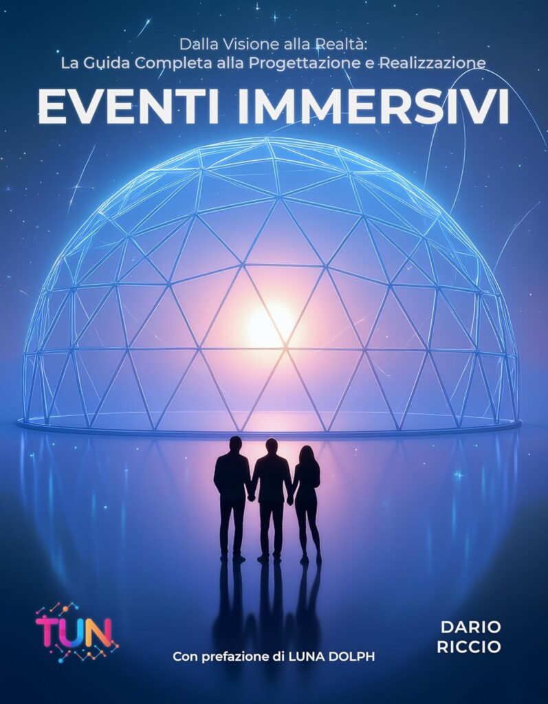 Eventi immersivi - la copertina del libro sfondo blu chiaro con un agigantesca sfera grigliata con un aluce diffusa arancione al centro, in primo piano tre figure umane nere guardano verso la luce