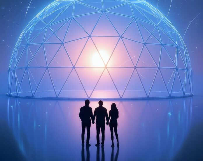 Eventi immersivi - la copertina del libro sfondo blu chiaro con un agigantesca sfera grigliata con un aluce diffusa arancione al centro, in primo piano tre figure umane nere guardano verso la luce