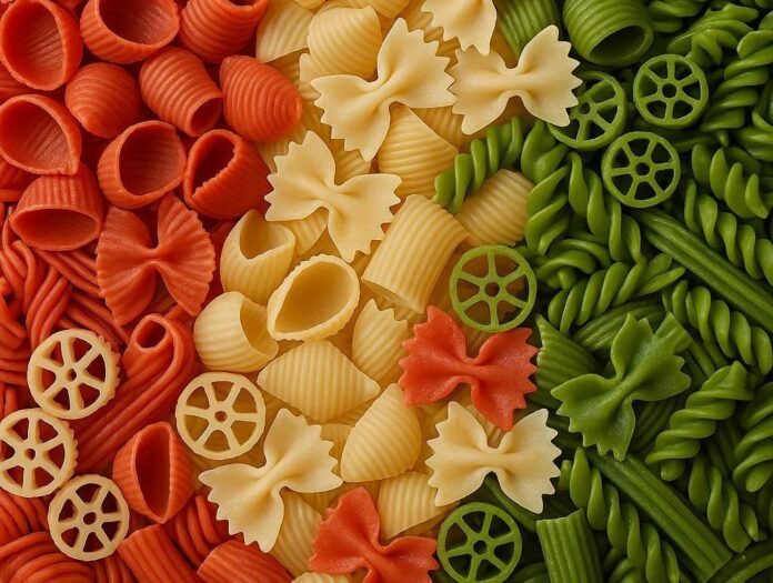 pasta italiana di diversi formati colorata in rosso bianco e verde