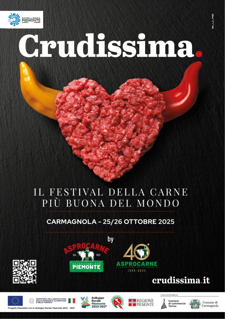 Asprocarne Piemonte - la locandina dell'evento con sfondo nero un cuore fatto di carne tritata rossa e ai lati del cuore due corna dimucca uno giallo e uno rosso