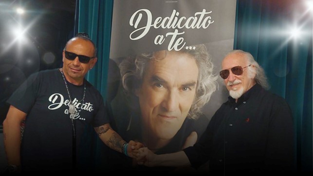 matia bazar - fabio perversi - fabio, piero cassano con alle spalle un poster di giancarlo golzi
