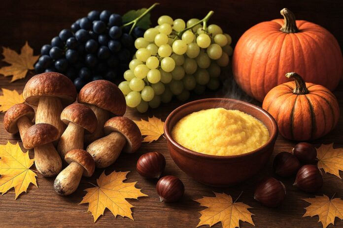 Ottobre ricette - su un tavolo dei funghi porcini, dei grappoli di uva, delle zucche, una ciotola di polenta fumante, delle castagne e delle foglie gialle. Immagine brillante e luminosa - immagine generata con AI Bing