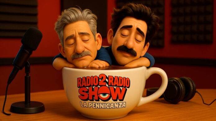 La pennicanza di Fiorello, ilmmagine creata con IA con un atazzina di caffè bianca con la scritta radio 2 radio show la pennicanza e dentro la tazzina sbucano due teste una di un uomo con baffi e capelli grigi, l'altra di un uomo con baffi e capelli neri e netrambi dormono