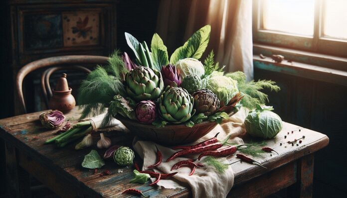 carciofo cicoria cavolo su un tavolo di legno con vicino foglie di verdura e peperoncino , sullo sfondo una finestra - immagine creata con IA