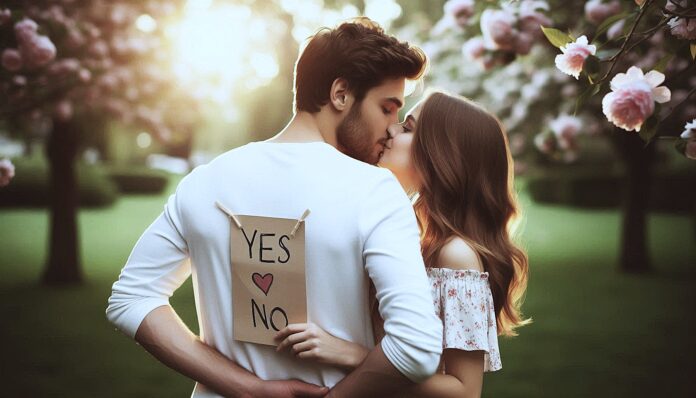 legge sul consenso legge sulla violenza - un uomo e una donna in piedi si stanno baciando e lui tiene dietro la schiena un foglio con la scritta 