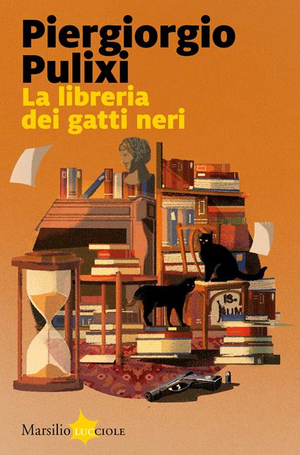Libri fantasy . sfondo arancione al centro una clessidra e dei libri accatastati su scaffali di libreria