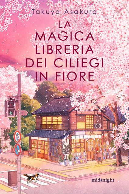 Libri fantasy - la copertina rosa fatta con fiori di ciliegio e al centro un edificio che è illuminato dal luce gialla