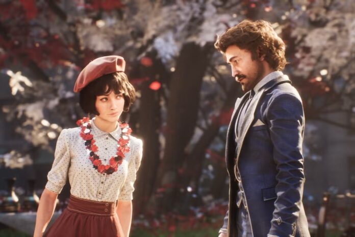 Videogioco The Game Awards - nella foto un frame di un videogioco con un uomo vestito con abiti antichi e una donna che indossa un cappello e una collana di fiori su un acamicetta bianca