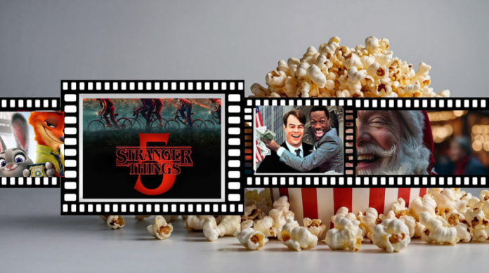 Film di Natale 2025: tutti i programmi TV e streaming del 24 dicembre - nella copertina un enorme montagna di pop corn in una busta a strisce rossa e davanti passa una striscia fatta a pellicola di film con all'interno i fotogrammi di diversi film, uno con dei personaggi dei cartoni animati un coniglio e una volpe, l'altra con la scritta rossa di Stranger Thing 5 , poi due uomoni uno di colore che ride e abbraccia l'altro e infine un Babbo NNatale con cappello rosso e barba bianca sorridente