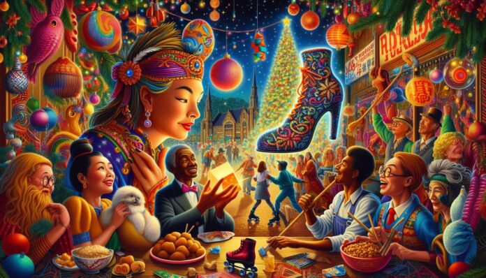 Le tradizioni natalizie più strane al mondo - Zetatielle Magazine - immagine generata con IA le tradizioni natalizie più strane al mondo - immagine generata con IA - una scena dove al centro c'è una chiromante legge il futuro guardando una scarpa, a lato un albero di natale, delle persone indossano pattini a rotelle mentre si dirigono verso una chiesa, dei giapponesi mangiano pollo fritto e altra gente con la scopa in mano