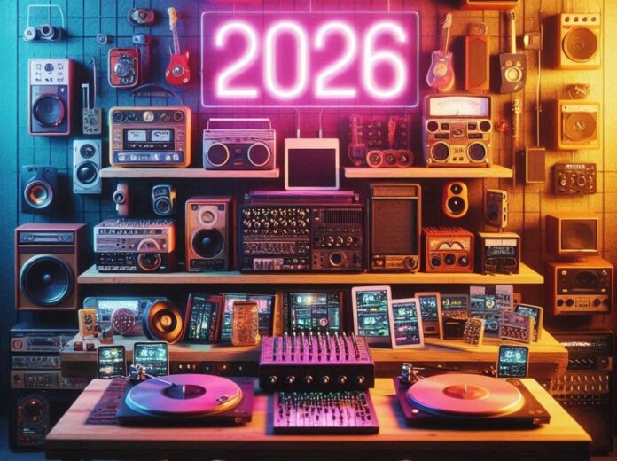 playlist di capodanno 2026 - nella foto una stanza con degli stumenti appesi alle pareti e la scritta al neon 2026. al centro un tavolo con ai piedi degli amplificatori, sul tavolo giradischi, mixer, walkman, tablet e un televisore a schermo piatto
