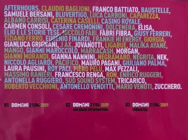 domani - artisti uniti per l'abruzzo - il retro copertina con i nomi dei partecipanti al progetto