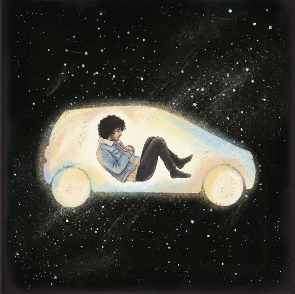 Bonje In Yurt disegnato all'interno della carrozzeria di una macchina