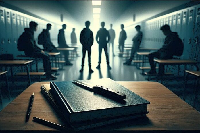 coltelli a scuola - In primo piano un banco scolastico con libri e un coltello sopra, simbolico ma non splatter. Intorno, studenti in piedi o seduti, silhouette sfumate, atmosfera tesa e riflessiva. Corridoio scolastico o aula in background, luci fredde, ombre lunghe, stile realistico e professionale, adatto a magazine di attualità - immagine generata con IA