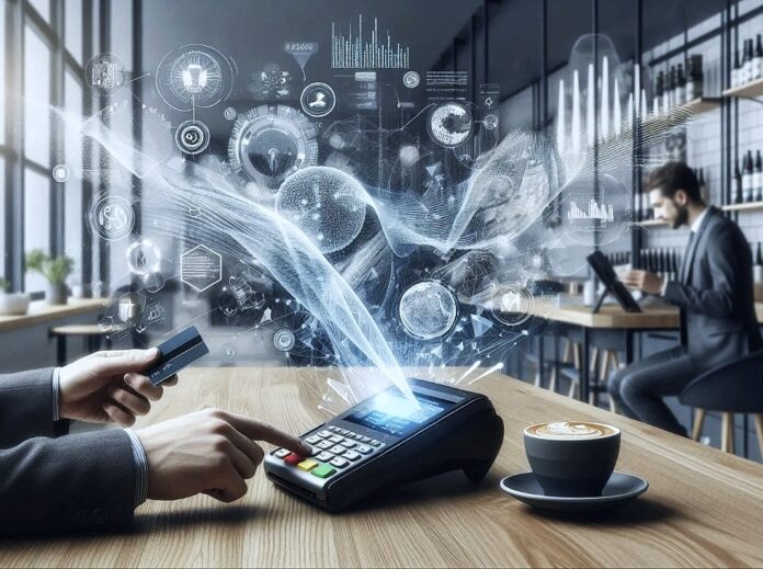 Controlli fiscali per tutti ecco come l Agenzia delle Entrate scoprirà il tuo tenore di vita grazie all intelligenza artificilae - Zetatielle Magazine - immagine generata con IA controlli fiscali agenzia delle entrate - In primo piano, una persona che paga un caffè al bar con carta di credito, sulla destra e sullo sfondo una persona è seduta al tavolino e beve un caffe vicino a una parete piena di bottifglie Sullo sfondo, flussi di dati e grafici stilizzati, a simboleggiare l’intelligenza artificiale che monitora le transazioni. immagine generata con ia