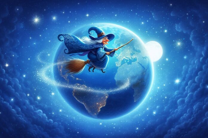 Epifania nel mondo come si festeggia tra storia e tradizione - Zetatielle Magazine - Immagine generata con IA Bing Epifania nel mondo come si festeggia tra storia e tradizione - immagine generata con IA Bing - una befana con capelli bianchi lunghi, naso ricurvo, cappello largo e a punta vola su una scopa facendo un'orbita intorno al Pianeta Terra, lo sfondo è blu con stelle