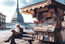 immagine creata con IA - sullo sfondo la mole antonelliana di Torino e il primo piano sulla sinistra una edicola , con vicino una panchina con un uomo con acapelli grigi e con gli occhiali che legge un libro