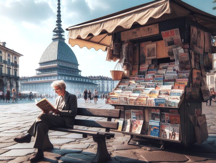 immagine creata con IA - sullo sfondo la mole antonelliana di Torino e il primo piano sulla sinistra una edicola , con vicino una panchina con un uomo con acapelli grigi e con gli occhiali che legge un libro