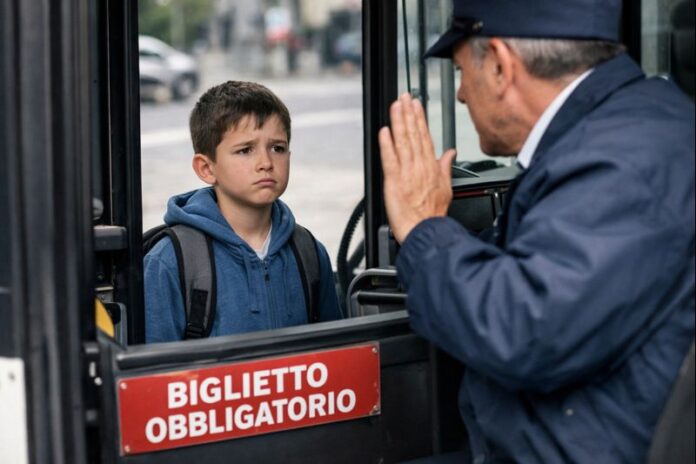 il bambino senza biglietto olimpico e l autista sceriffo - nella foto un bambino con la cartella sulla schiena è in piedi su un autobus davanti all autista di un autobus che indossa un cappello, guarda il bambino con la mano alzata