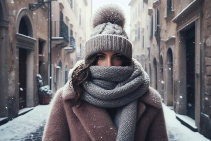 Previsioni meteo peggioramenti in arrivo, ma è davvero un freddo sorprendente - Zetatielle Magazine - immagine generata con IA previsioni meteo maltempo, una donna indossa un cappello di lana con ponpon, un cappotto sciarpa che copre bene collo e bocca , cammina in una strada italiana, fa freddo nevica - immagine generata con IA