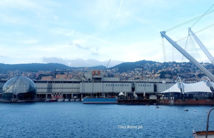 Progetto Sunrise Acquario di Genova - Zetatielle Magazine Progetto Sunrise - Acquario di Genova, un aveduta dell Acquario con il mare davanti e un asfera