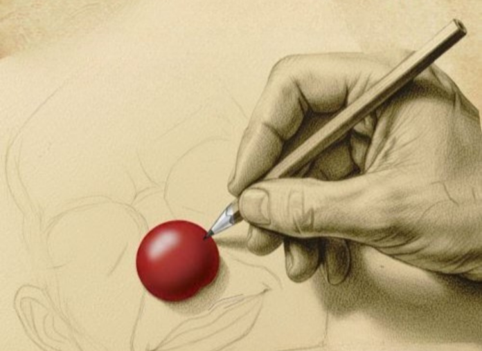 scrivere il clown oggi - una mano intenta a disegnare il viso di un pagliaccio con il naso rosso