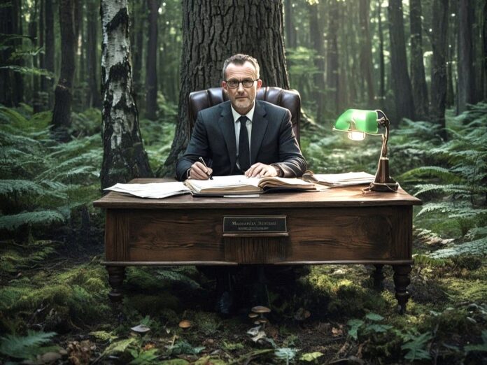 Segretari comunali e piccoli comuni - nella foto un uomo di mezza eetà con giacca e cravatta è seduto alla scrivania posizionata in mezzo un bosco. l'uomo sha una penna in mano, indossa occhiali da vista e guarda verso l obbiettivo - immagine genrata con IA