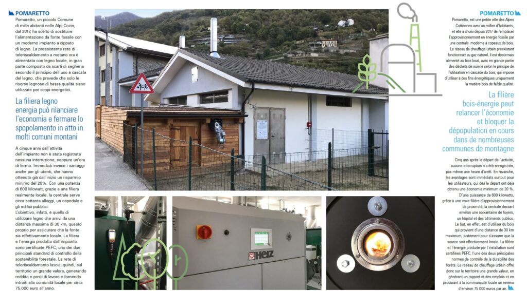 Stufe a legna e caminetti sono meglio del gas. No allo stop degli incentivi - un articolo di giornale con le immagini della centrale di Pomaretto, un acesetta bianca con tetto spiovente e dei particolari di dispositivi elettronici ed elettrici