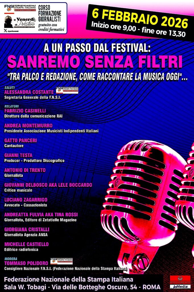 corso di formazione Aspettando Sanremo 2026: "A un passo dal festival, come raccontare la musica oggi" e il valore del giornalismo - la locandina con un microfono iun primo piano , su sfondo blu, l elenco dei relatori