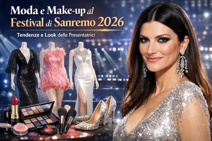 Abiti e Make up sanremo 2026 2 - Zetatielle Magaizne - immagine generata con IA Abiti Sanremo 2026 - Immagine promozionale in formato 16:9 dedicata al Festival di Sanremo 2026: a destra una presentatrice in primo piano con abito lungo argento ricoperto di paillettes, orecchini chandelier e make-up luminoso con smokey eyes e labbra nude; sullo sfondo luci da palco. A sinistra tre manichini con abiti da sera – uno nero con maniche velate, uno rosa con piume e uno bianco con spacco e dettagli gioiello – accanto a palette di trucchi, rossetto rosso e scarpe glitterate. In alto il titolo “Moda e Make-up al Festival di Sanremo 2026 – Tendenze e Look delle Presentatrici”.- immagine generata con IA
