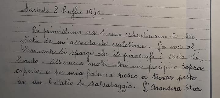 Particolare di una pagina scritta a mano da Luigi Fulgoni, sopravvissuto dell'Arandora Star, che descrive il giorno dell'affondamento
