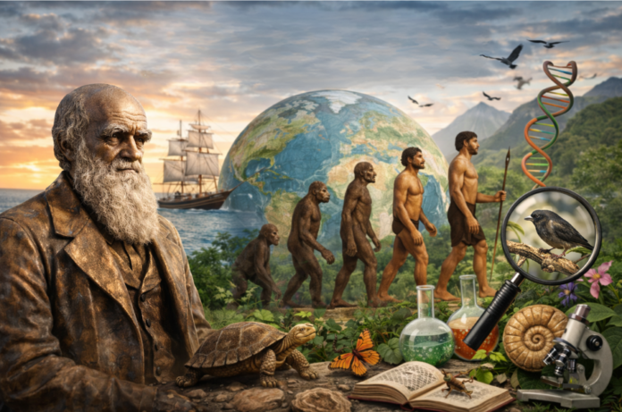 Darwin Day - L’immagine è una rappresentazione realistica del Darwin Day, con Charles Darwin al centro della scena. Darwin appare in primo piano a sinistra, ritratto come una statua di bronzo con un’espressione pensierosa e lo sguardo rivolto verso destra. Indossa un abito ottocentesco, con giacca e gilet, e ha la barba bianca lunga e folta. Sullo sfondo si sviluppa una scena naturale e scientifica. Sul lato destro si vede una sequenza dell’evoluzione umana, con figure di antenati simili a scimmie che gradualmente diventano uomini moderni, mentre uno dei personaggi tiene una lancia. Dietro di loro, in lontananza, appare il globo terrestre, che occupa la parte centrale dell’immagine, e sullo sfondo ci sono montagne e un cielo sereno con uccelli che volano. A sinistra, parzialmente sul mare, si nota la HMS Beagle, la nave utilizzata da Darwin durante il suo celebre viaggio di esplorazione. In primo piano, davanti a Darwin, si trovano diversi elementi naturali e scientifici: una tartaruga, un fossile a spirale, un libro aperto, un microscopio, due provette con liquidi colorati, un insetto e un DNA stilizzato a spirale. Un uccello è ingrandito in una lente d’ingrandimento, che lo mette in evidenza. Una farfalla arancione completa la scena. L’atmosfera complessiva dell’immagine trasmette scoperta e curiosità, combinando elementi naturali e scientifici in uno stile realistico, senza tracce di fumetto o disegno stilizzato. I colori sono naturali e luminosi, con toni caldi per il cielo e verde per la vegetazione, creando un senso di armonia e attenzione alla vita sulla Terra. - immagine generata con IA