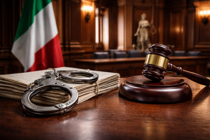 Decreto sicurezza 2026 - sul tavolo di un giudice con lo sfondo l aula del tribunale, ci sono dei fascicoli, sopra delle manette e affianco un martelletto da giudice, sulla sinistra la bandiera italiana