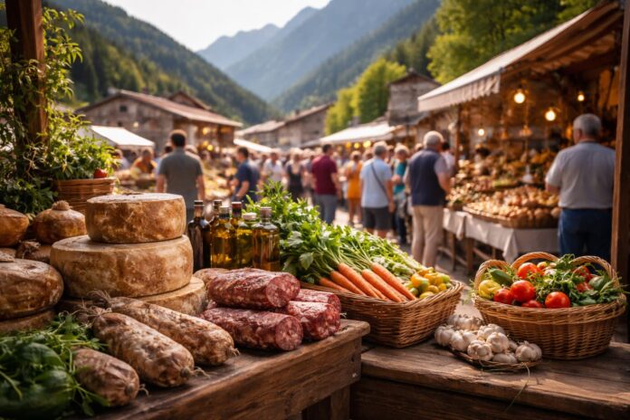 Prodotti tipici montani il valore del progetto Filiera Corta - Zetatielle Magazine - immagine creata con IA ChatGPT Image 19 feb 2026, 11_23_40 Prodotti tipici Filiera Corta - Mercato di montagna con prodotti tipici italiani: formaggi artigianali, salumi, verdure fresche in cestini, olio in bottiglia, con persone che visitano le bancarelle e montagne sullo sfondo - immagine generata con IA