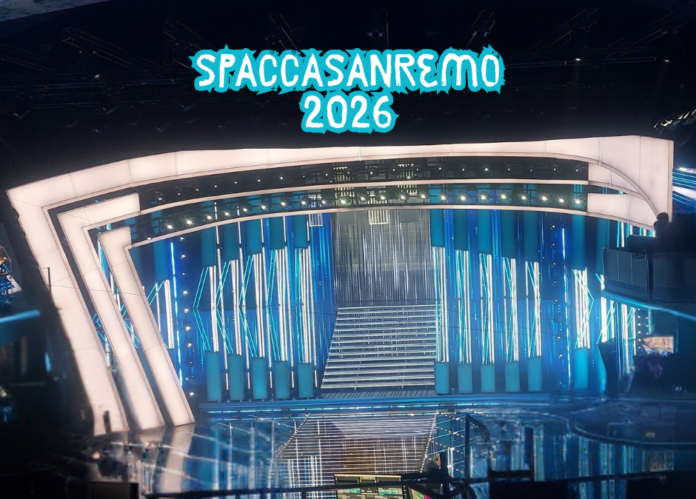 SPACCASANREMO 2026 Spaccasanremo 2026 prima serata - sullo sfondo la scenografia del teatro ariston a forma di arpa luminosa