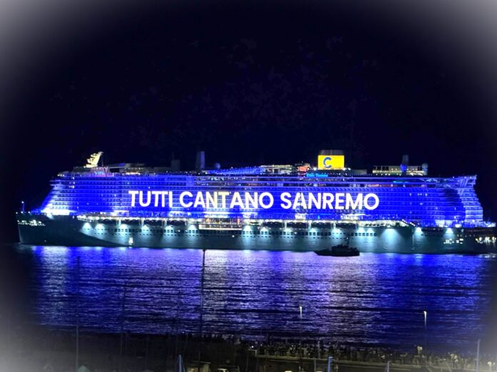 sanremo 2026 seconda serata - in primo piano la nave costa crociere