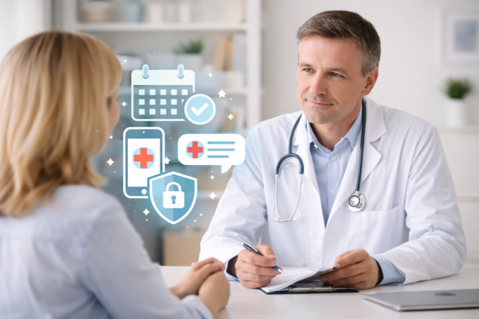 screening prevenzione: Donna adulta consulta il medico in uno studio luminoso, icone digitali di calendario, croce medica e lucchetto simboleggiano screening preventivi e privacy dei dati sanitari. Immagine creata con IA