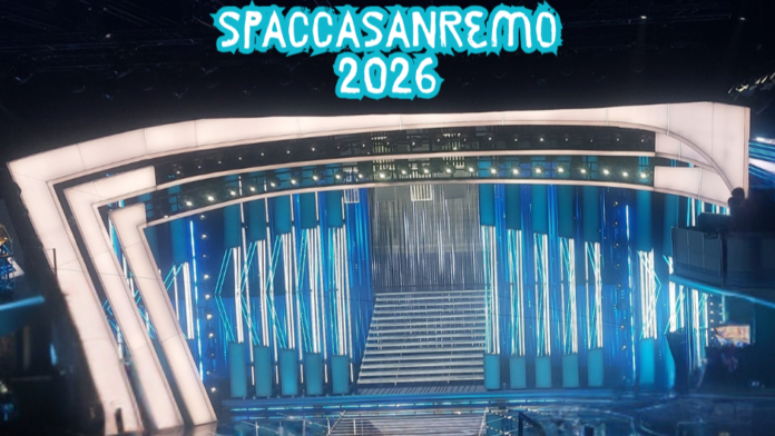 spaccasanremo seconda serata - il palco del teatro ariston decorato come un'arpa luminosa