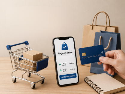 compra ora paga dopo associazione italiana consumatori nella foto un carrello della spesa con dentro dei cartoni, un telefonino con sopra delle scritte una mano che tiene in mano una carta di credito e sulla destra delle borse da shopping - immagine generata con IA