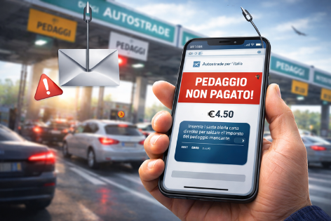 autostrade truffa del pedaggio fantasma - immaigne generata con IA - In primo piano c’è una mano che tiene uno smartphone. Sullo schermo del telefono appare una pagina che imita un portale ufficiale (con intestazione “Autostrade per l’Italia”), dominata da un grande avviso rosso con il testo “PEDAGGIO NON PAGATO!”. Sotto compare l’importo € 4,50 e un’area che simula un modulo di pagamento con campi e pulsanti tipici di un’interfaccia bancaria, costruita per indurre l’utente a inserire dati sensibili. Accanto allo smartphone si vede un’icona grafica a forma di busta sospesa su un amo da pesca, simbolo del phishing, che richiama visivamente il concetto di trappola digitale. È presente anche un triangolo rosso con punto esclamativo, ulteriore segnale di avviso. Sul fondo, sfocato, si intravede un casello autostradale con più corsie e veicoli in coda. Le insegne riportano la dicitura “Autostrada” e cartelli relativi ai pagamenti, contribuendo a rendere la scena credibile e coerente con il contesto reale. L’illuminazione suggerisce una giornata limpida, con luce naturale e riflessi sui veicoli.