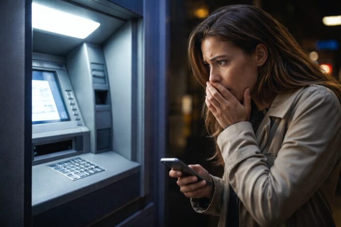 Bancomat, la truffa del filo invisibile che ti ruba la carta - una donna si porta la mano alla bocca, con l'altra tiene un cellulare ed è di fronte ad un bancomat per ritirare dei soldi - immagine generata con IA