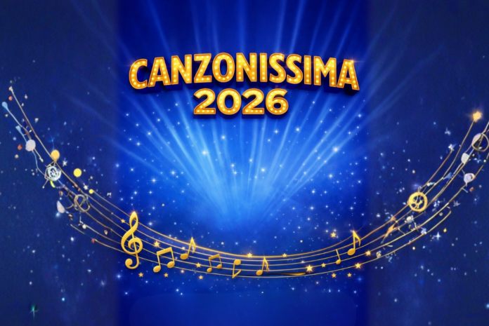 Canzonissima 2026 - su sfondo blu la scritta dorata e sotto un pentagramma dorato con tante note musicali