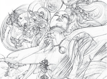 La carne dell'eternità - un disegno ac arboncino raffigurante una donna che guarda all'insu con capelli che si fondono con nuvole