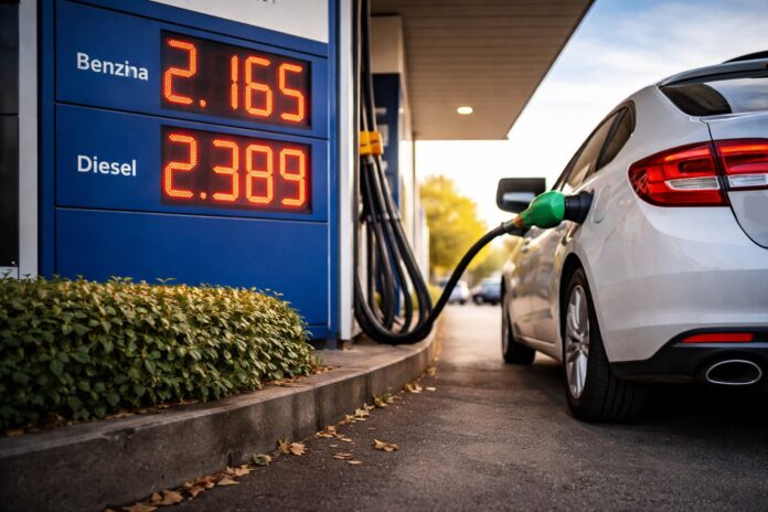 Prezzi benzina e diesel - nella foto un'auto bianca sta facendo rifornimento a un diostributore dove sono esposti i prezzi benzina 2.165 e diesel 2.389 - immagine generata con IA