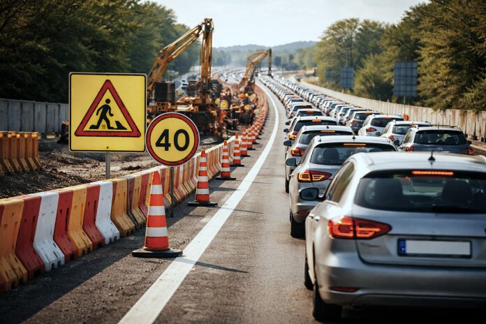Rimborso cantieri autostradali per ritardi e disagi in autostrada come funziona - Zetatielle Magazine - Immagine generata con IA - nella foto un'autostrada che a destra ha due file lunghissime di auto e a sinistra un cantiere con gru e mezzi, coni arancioni e bianchi e i cartelli di pericolo