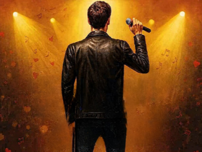 ti mando dei baci - diego perugini - nella foto un uomo vestito di scuro, illuminato da spo gialli, con un microfono nella mano destra