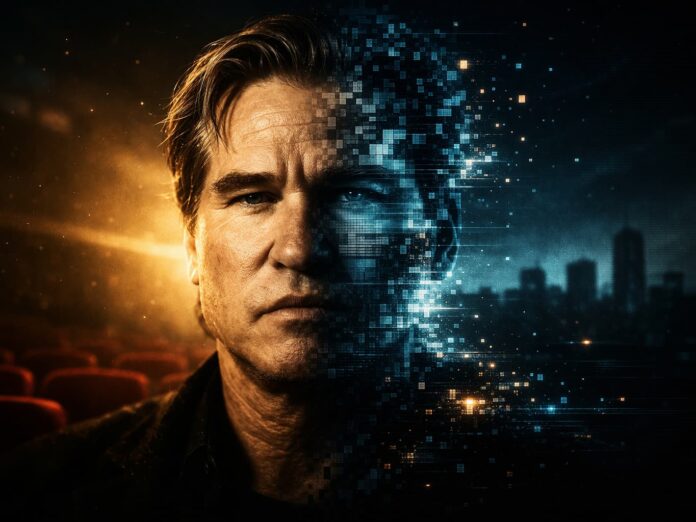 Val Kilmer morte fulm lutto - nella foto L’immagine mostra il primo piano di un volto maschile dall’aspetto realistico e cinematografico, illuminato in modo drammatico. Il volto è diviso verticalmente in due metà: la parte sinistra appare naturale, nitida, con pelle dettagliata e illuminazione calda, quasi dorata; la parte destra invece si dissolve progressivamente in una griglia di pixel e frammenti digitali, con tonalità fredde blu e un effetto glitch evidente. La transizione tra le due metà è irregolare e dinamica: piccoli quadrati luminosi sembrano staccarsi dal volto e disperdersi nello spazio, come se l’immagine si stesse disgregando in dati. Sullo sfondo si intravede un ambiente scuro e cinematografico, con elementi sfocati che ricordano una sala o un contesto urbano notturno, dominato da contrasti tra luce calda e fredda. - immagine generata con IA