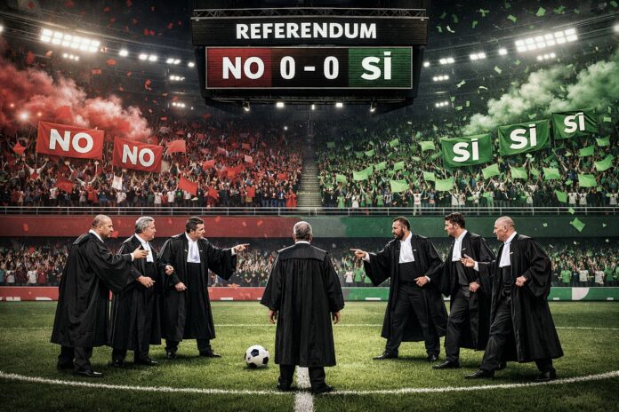 referendum separazione delle carriere - uno stadio con le tifoserie una rossa con cartelli con scritto 